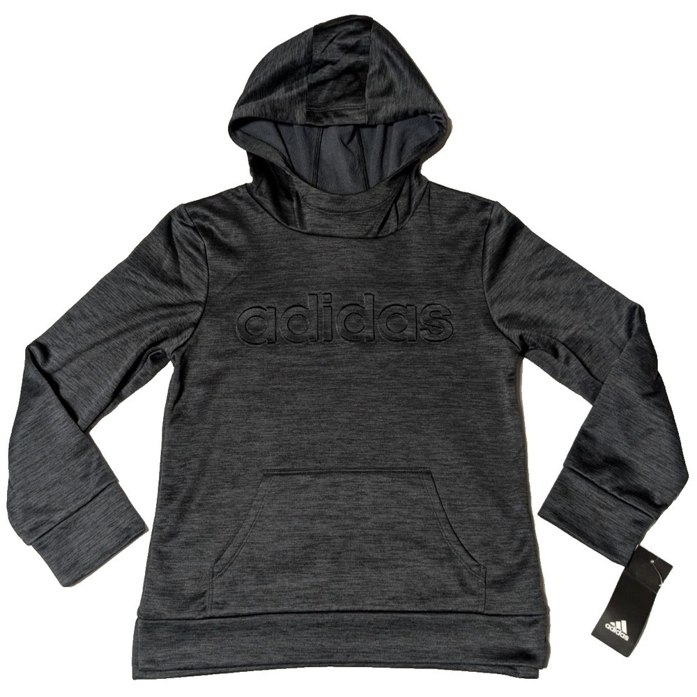 ADIDAS Girls Medium (10/12) Black Embossed Raised Pullover Fleece Hoodie NEW‎